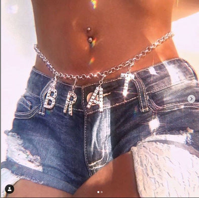 Accessories Diamond Letter Silver Waist Chain Women's Trouser Chain with Denim Skirt Waist Accessories Simple Body Chain