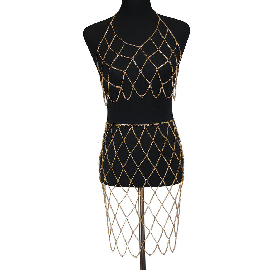 Sexy tassel body chain set, fishnet chain, bikini bust, hollow chest chain, women's jewelry
