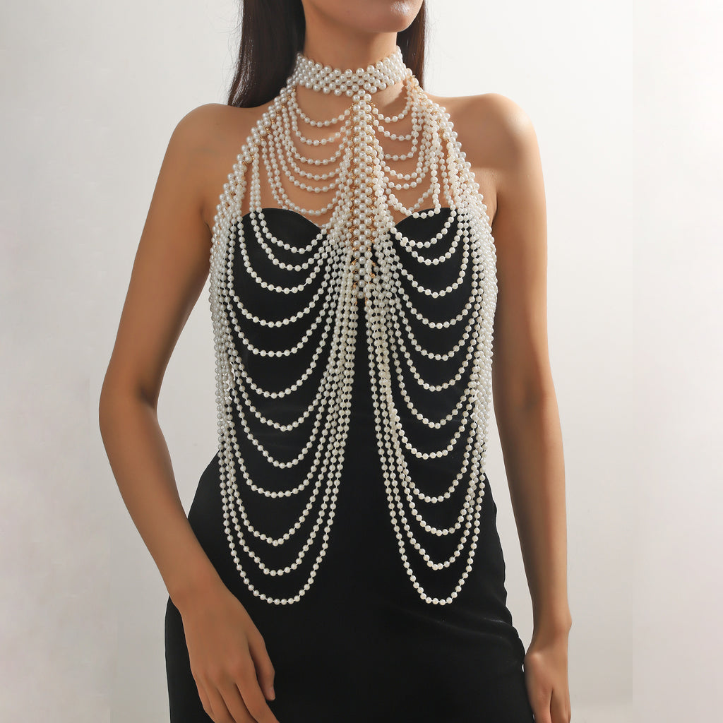 Accessories, hand-woven imitation pearl breast chain women's breast, fringed multi-layer necklace alloy body chain