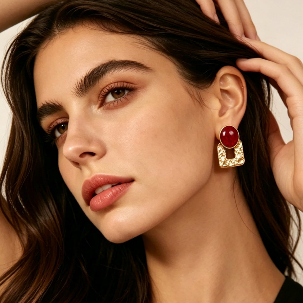 Burgundy Disc Hammer Square Drop Earrings Women's Geometric Splicing Earrings