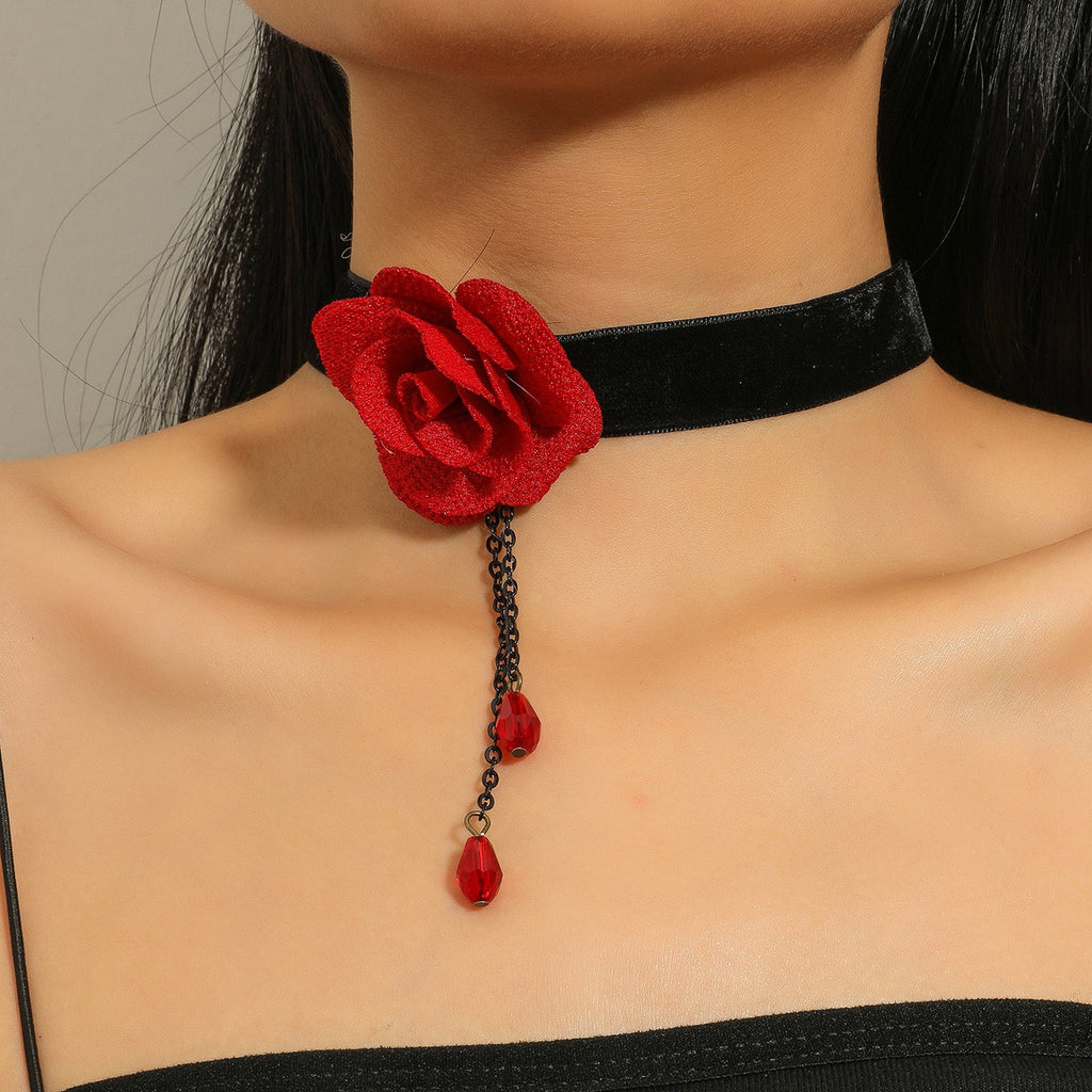 Accessories Gothic Red Rose Vintage Collarbone Chain Court Short Necklace Wedding Lace Necklace