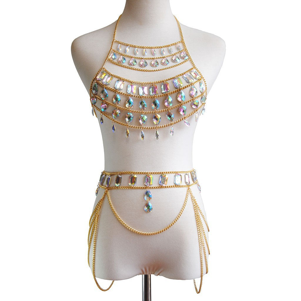 Accessories Summer Sexy Splicing Bra Chain Nightclub Beach Gem Skirt Waist Chain Set Body Chain