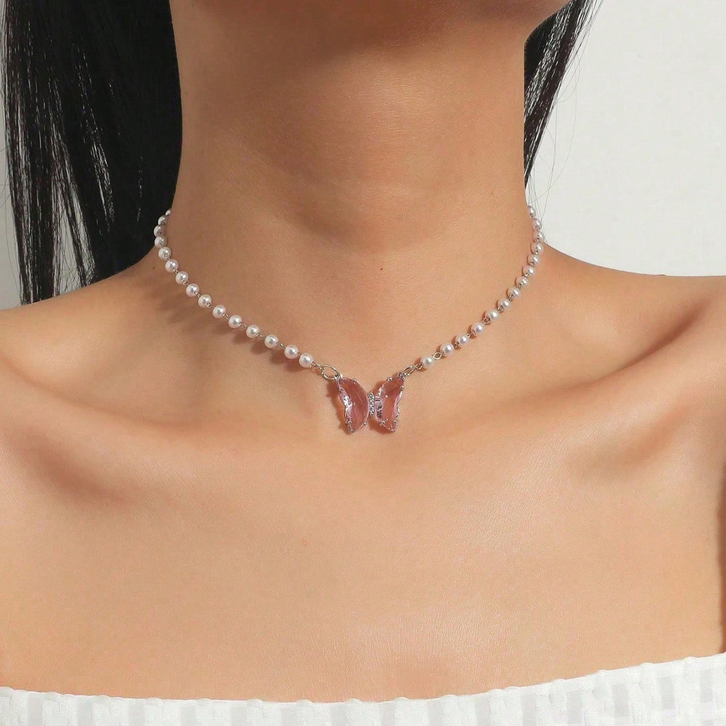 Accessories Fashion Simple Pearl Necklace Women's Summer Seaside Holiday Necklace Short Pink Butterfly Clavicle Chain