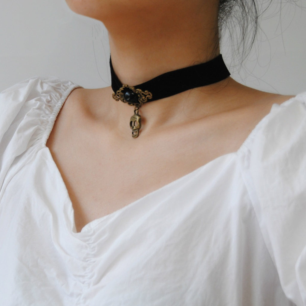 Accessories Fleece Skull Necklace Women's Vintage Pearl Neck Chain Collarbone Chain Halloween Costume Accessories