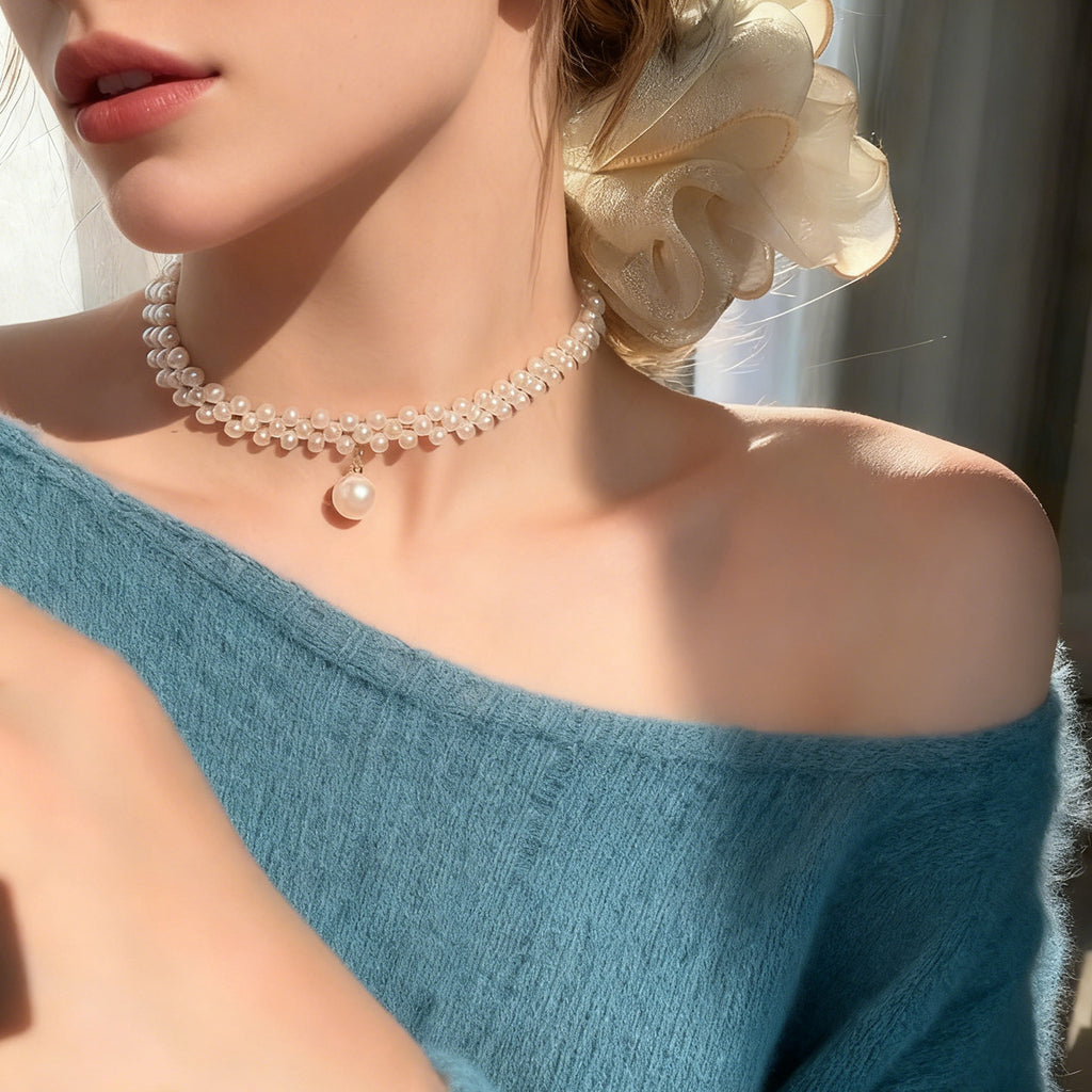 Double pearl necklace Internet celebrity fashion niche design hand-woven light luxury high-end collarbone chain short neck chain