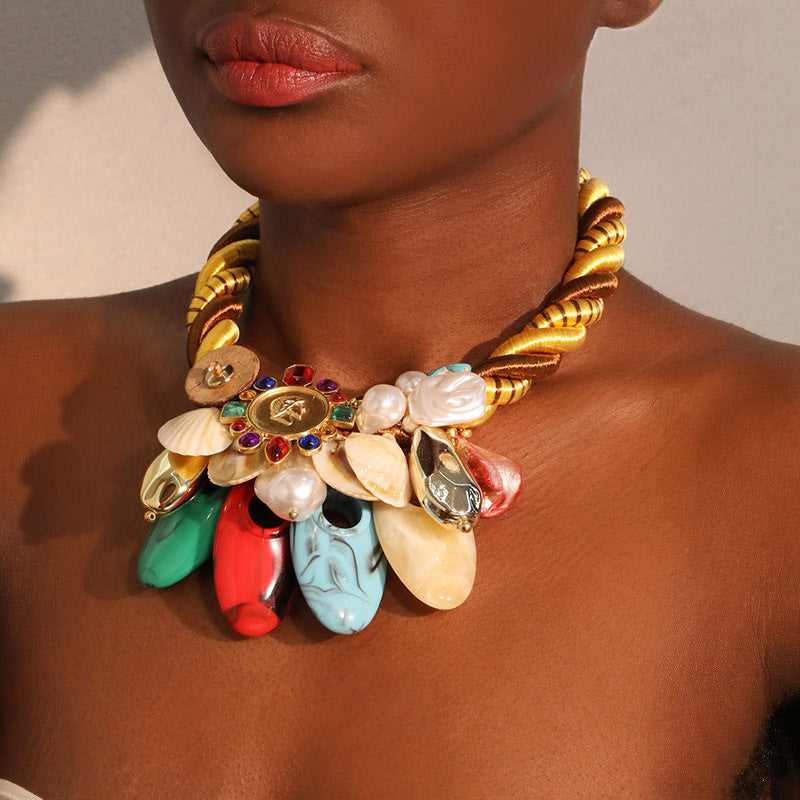 Bohemian Colored Stone Simulated Shell Necklace Fashion Accessories X-844#