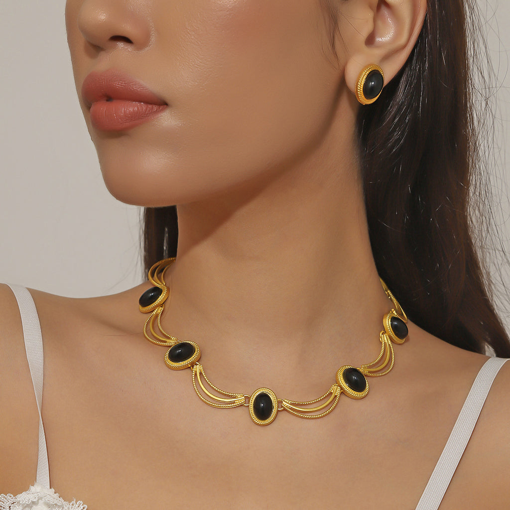 New retro court black gemstone necklace earrings set exaggerated temperament necklace earrings jewelry