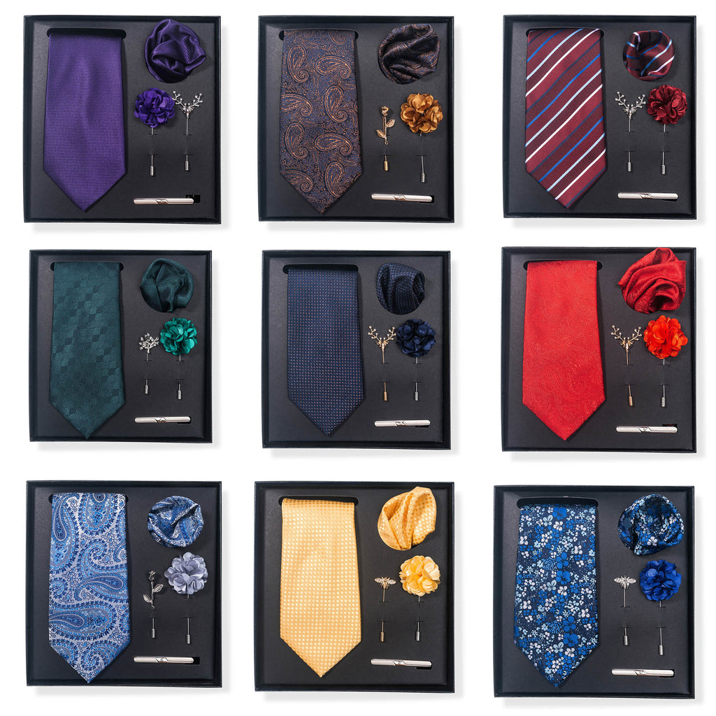 Riobuy Striped Tie 6-piece Gift Box Set Square Scarf Tie Clip Chest Flower Set RQ02#