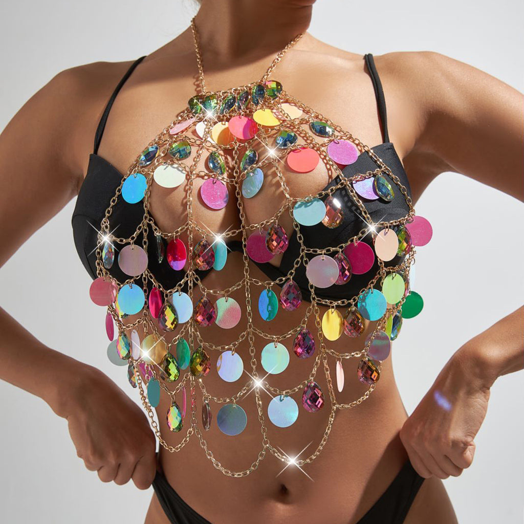 Summer fashion multi-layer colored water drop chest wrapping accessories, sexy versatile women's body chain