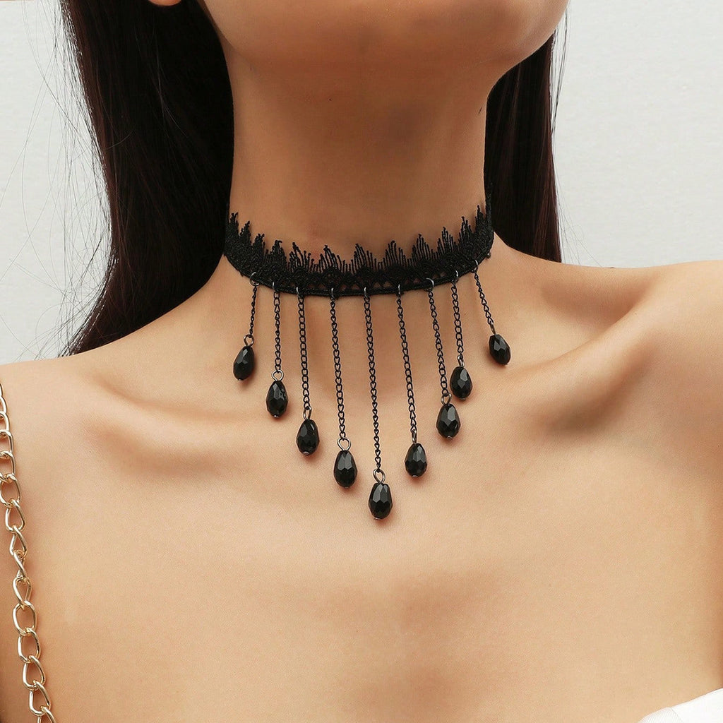 Accessories, black lace collarbone chain for women, fashionable personality retro exaggerated lace goth necklace S01WY #