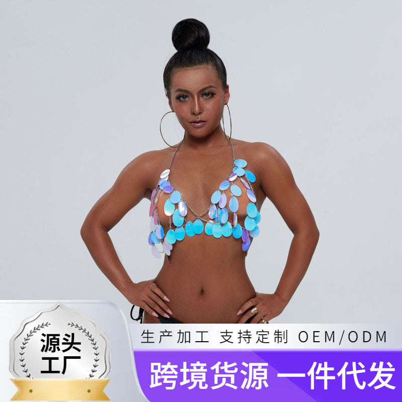 Accessories Summer Personality Exaggerated Fashion Bra Chain Blue Sequin Accessories Beach Sexy Body Chain