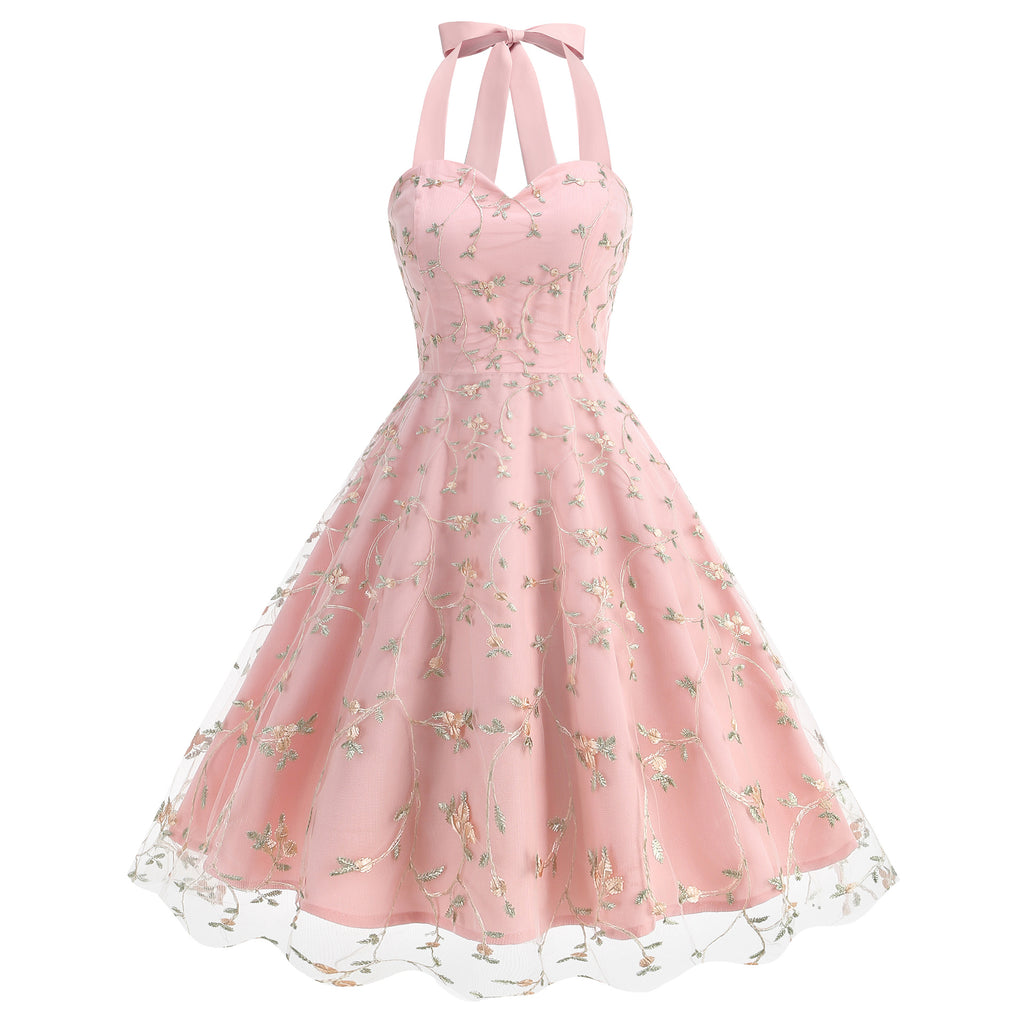 OCIA  Women' Dress Sleeveless Strap Embroidered Fashion Pink Dress OC355#
